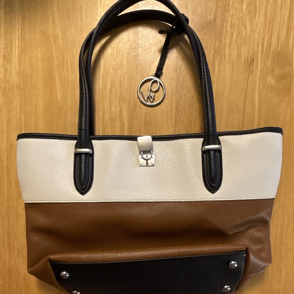 Nine West Colorblock Pebbled Tote Bag Brown Black White Zip Silver HW Charm